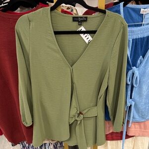 Fred David Olive V-Neck Tie-Front Blouse